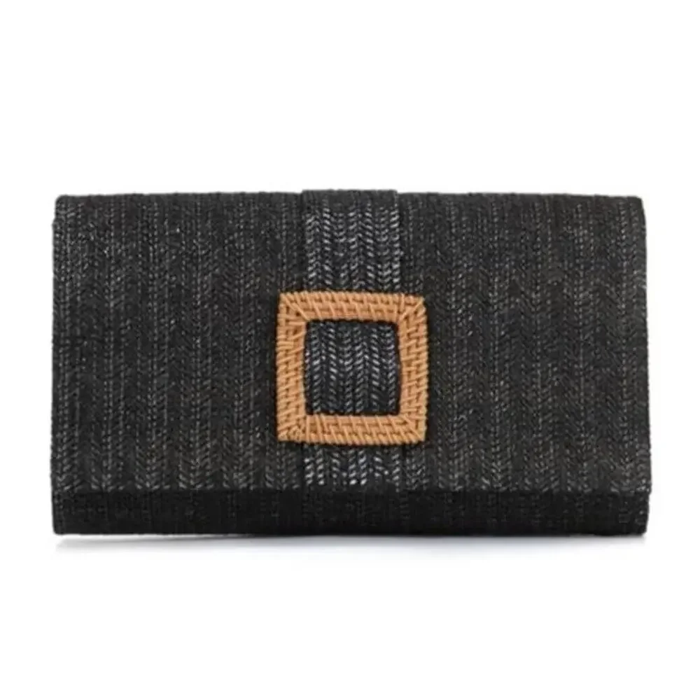 Woven Straw Clutch Purse Rattan Beach Evening Handbag Women Black